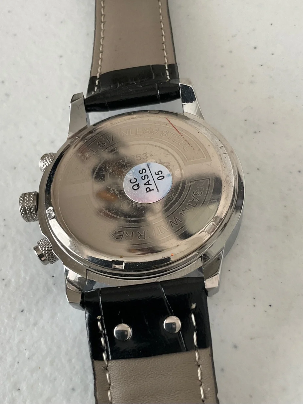 LIGEDESIGN Silver Chronograph Watch with Black Leather Strap
